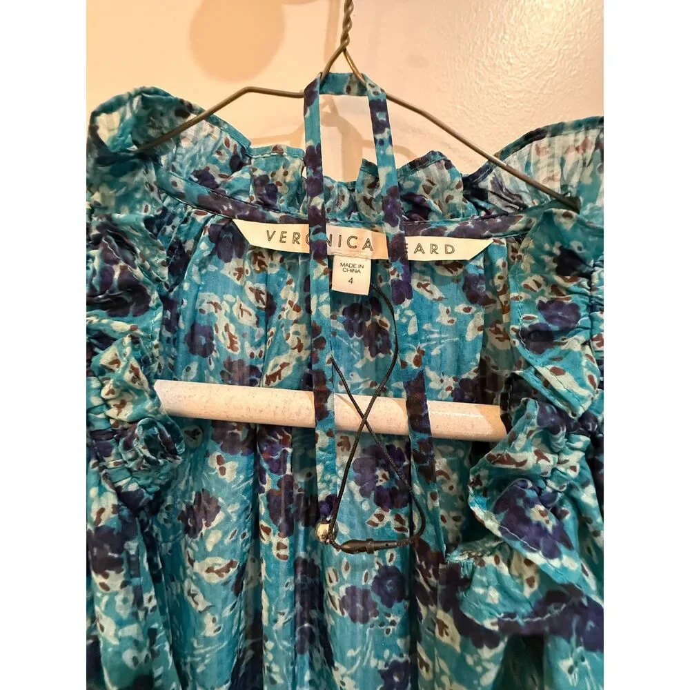Veronica Beard Teal Navy Floral Chiffon Long Sleeve Midi Dress 4 - Picture 9 of 12